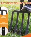 Heavy Duty 4-Tine Garden Fork With Fiberglass Handle in use, digging grass soil, foot pressing ergonomic grip, 45 inch length.