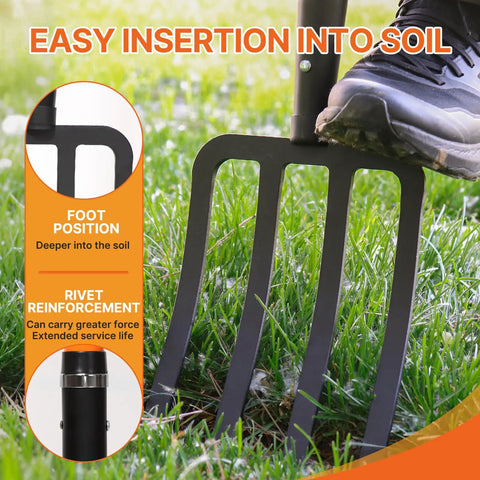 Heavy Duty 4-Tine Garden Fork With Fiberglass Handle in use, digging grass soil, foot pressing ergonomic grip, 45 inch length.