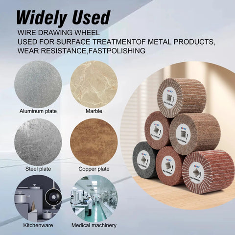 Six Pack Non Woven Wire Drawing Flap Wheel Set stacked with metal samples and usage examples