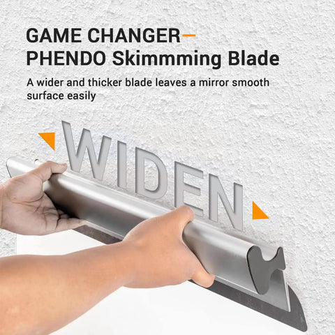Person holding drywall skimming blade against wall, showcasing Drywall Skimming Blade Set With 12, 22, And 32 Inch Blades