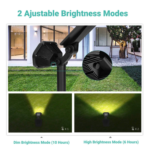 Solar Outdoor Lights 10 LED Landscape Spotlights, Two-In-One Wireless Adjustable Wall Lights highlighting brightness modes in yard