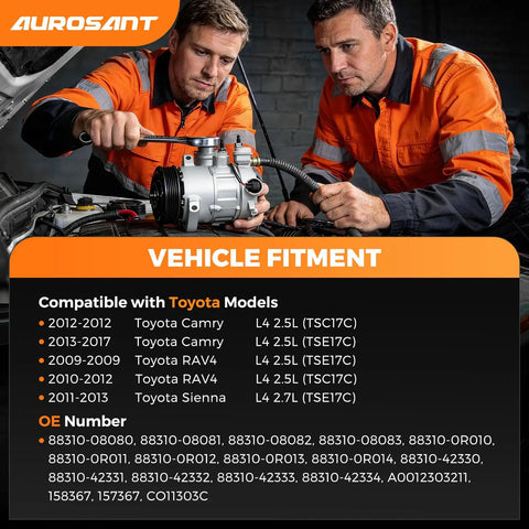 Ready To Roll Ac Compressor With Clutch For Toyota Camry Rav4 Sienna Pre Filled With Clean Oil Straight Swap For Zero Sweat Cabin Cooling On Those Long Highway Rides, two mechanics working on a Toyota vehicle.