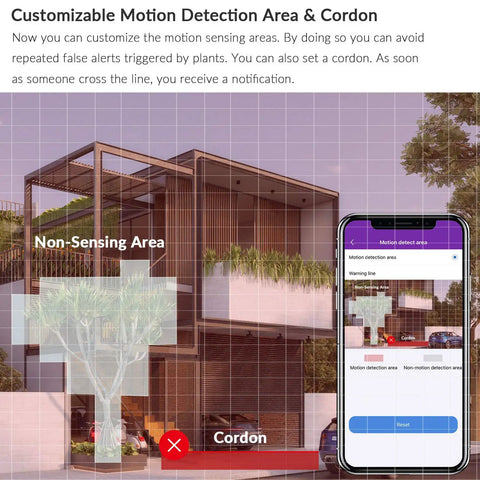 Customizable motion detection interface on smartphone showing non-sensing area, part of 2K HD Dome PTZ Wireless Security Camera system.