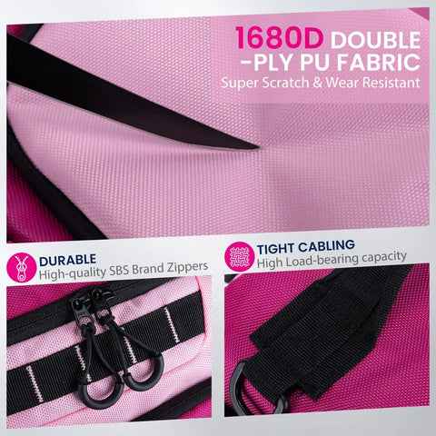 Pink Fishing Tackle Sling Bag With Rod Holder Ultra Durable 1680D fabric highlighting zippers and strapping details