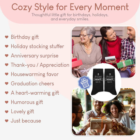 These Hilarious And Comfy Awesome Engineer Socks Are The Perfect Funny Gift Idea with images of happy gift exchanges and text details.