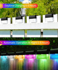 Solar Deck Lights 6 Pack Outdoor Step Lights on fence, daytime charging, and nighttime color changing lights demonstration.