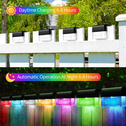 Solar Deck Lights 6 Pack Outdoor Step Lights on fence, daytime charging, and nighttime color changing lights demonstration.