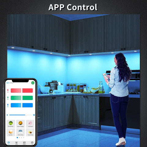 Bluetooth RGB Under Cabinet Lights Kit With Dimmable LED Puck Lamps App Control And Remote lighting a kitchen counter
