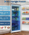 Inside view of Huge 17 Cu Ft Upright Convertible Freezer And Fridge Hybrid With Four Chill Modes Auto Defrost System showcasing various food items.