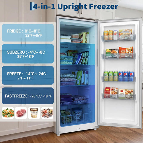 Inside view of Huge 17 Cu Ft Upright Convertible Freezer And Fridge Hybrid With Four Chill Modes Auto Defrost System showcasing various food items.