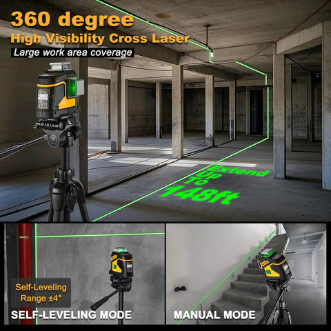 Pro Grade Three Plane Laser Level With 3 X 360 Degree Beams Self Leveling 100 Ft Green Laser 47 In Tripod IP54 Magnetic Base