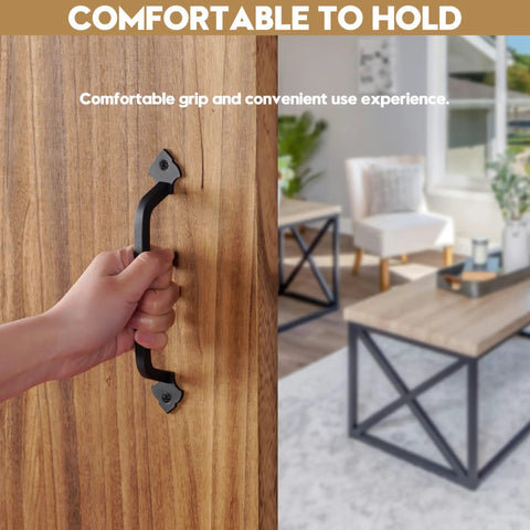 Two Pack Gate Handles For Wooden Gates With Screws Rustic Black Steel Door Pulls being gripped on wooden surface indoors