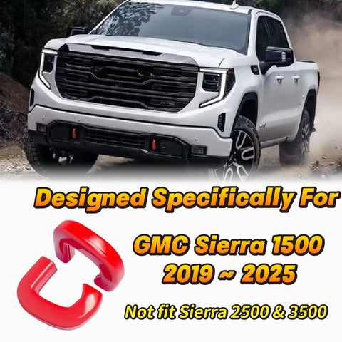 GMC Sierra 1500 Front Tow Hook Cover Replacement Custom Fit Silicone Cover For 2019 2020 2021 2022 2023 2024 Red Durable Wear Resistant Protects Tow Receiver And Adds Dope OEM Style Finish shown on truck