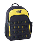 Front view of heavy duty tool backpack with 22 pockets and full zip closure, durable yellow and black design