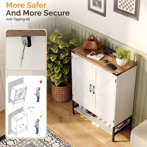 Farmhouse Style Shoe Cabinet With Two Barn Doors, 32 Inch Antique White Storage Organizer for Entryway with safety features