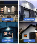 120W LED Wall Pack Light With Dusk To Dawn Sensor 12000LM 5000K Daylight illuminating hotel, warehouse, garage, and yard