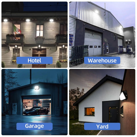 120W LED Wall Pack Light With Dusk To Dawn Sensor 12000LM 5000K Daylight illuminating hotel, warehouse, garage, and yard
