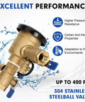 Front view of 3/4-inch brass pressure vacuum breaker backflow preventer for irrigation; blue knob valves
