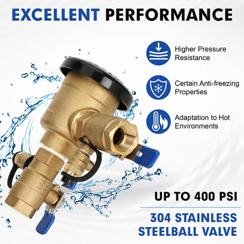Front view of 3/4-inch brass pressure vacuum breaker backflow preventer for irrigation; blue knob valves