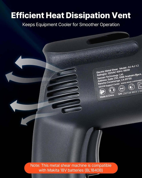 Electric Metal Shear With 360 Degree Swivel Head showing efficient heat dissipation vent for smooth operation.