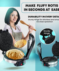 Libra Electric Roti Maker Machine With Non Stick 8.5 Inch Plates Auto Temp Control And Durable Handle shows fluffy rotis being made.