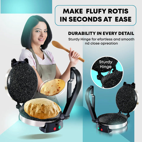 Libra Electric Roti Maker Machine With Non Stick 8.5 Inch Plates Auto Temp Control And Durable Handle shows fluffy rotis being made.
