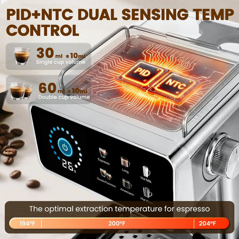 Digital Touchscreen Espresso Maker With 20 Bar Pressure Pump And Dual Spout Portafilter 51 Oz Tank showing PID and NTC controls for precise brewing.