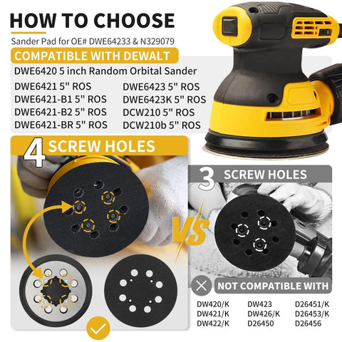 2 Pack 5 Inch 8 Hole Hook And Loop Orbital Sander Pad Replacement for DeWalt with compatibility chart and sander comparison