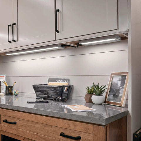 4U Series 30 Inch LED Under Cabinet Light 120V White 3000K Diffused Task Lighting in kitchen setup beneath cabinets