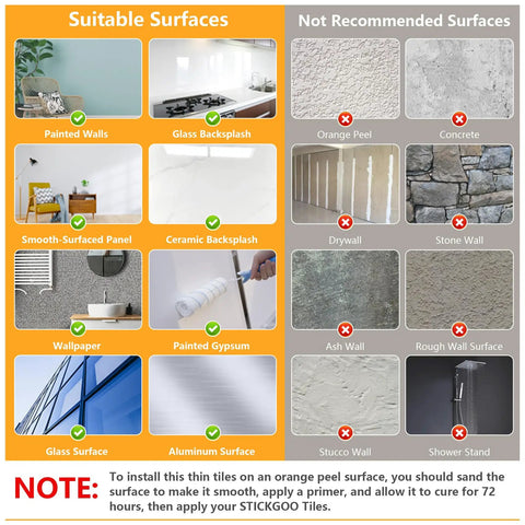 Chart showing suitable and not recommended surfaces for Peel And Stick Backsplash Tiles For Kitchen And Bath installation.