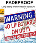 Two Pack Aluminum Pool Safety Signs 10 By 14 Inches Outdoor Decor No Lifeguard On Duty Swim At Your Own Risk Never Leave Children Unattended Weatherproof Durable Pool Sign Set showing water resistance and protection features.