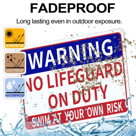 Two Pack Aluminum Pool Safety Signs 10 By 14 Inches Outdoor Decor No Lifeguard On Duty Swim At Your Own Risk Never Leave Children Unattended Weatherproof Durable Pool Sign Set showing water resistance and protection features.
