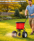 Man using 90 Pound Broadcast Spreader Walk Behind for Lawn Care and Yard Maintenance with 12.5 Inch Pneumatic Wheels