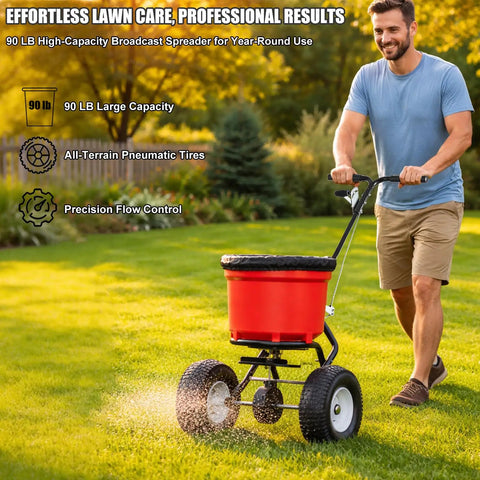 Man using 90 Pound Broadcast Spreader Walk Behind for Lawn Care and Yard Maintenance with 12.5 Inch Pneumatic Wheels