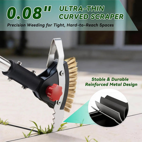 Close-up of 3 In 1 Heavy Duty Crack Weeder Tool With 59 Inch Adjustable Handle Stainless Steel Crevice Weed Puller in use on patio.