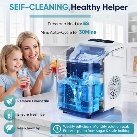 Countertop Ice Maker With Portable Handle And Ice Basket, Delivers Up To 26 Lbs Of Ice Per Day, Produces 9 Bullet Ice Cubes In About 6 To 8 Minutes, Auto Clean Function, family using ice maker in kitchen