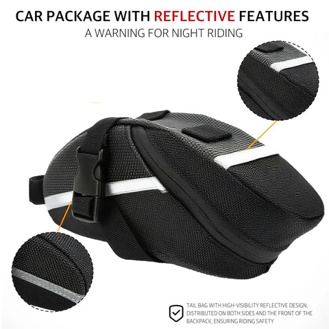 Under Seat Bike Bag With Reflective Strip, Waterproof Saddle Pouch for Road and Mountain Bikes, side view with fabric detail.