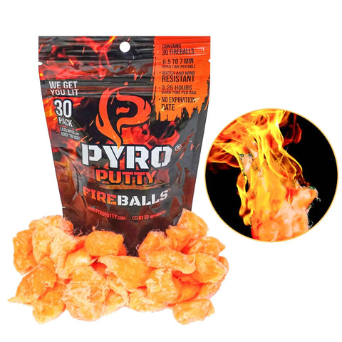 Bag of Fire Balls Fire Starter Pellets for Easy Lighting, 30 pack, with burning fireball illustration, waterproof and weatherproof.