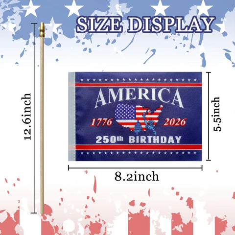 12 Pack 250th Anniversary USA Flags On Sticks 5x8 Inch Handheld Flags For 4th Of July Outdoor Decor Polyester With Wooden Sticks Party Supplies Bundle, showing flag dimensions and design