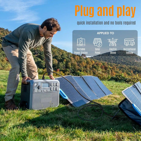 Man setting up 6 In 1 Solar Panel Connector Kit With DC5521 7909 8020 Anderson EC5 XT60 Adapters, connecting solar to power station.