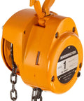 CF Hand Chain Hoist With Hook Mount 1 Ton Capacity 20 Ft Lift, orange body, side view showing hook and chain, designed for industrial use.