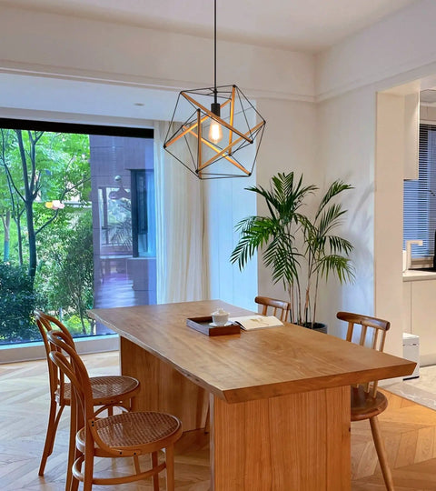 Dope Black Geometric Art Deco Pendant Light With Wood Accents Modern Industrial Hanging Fixture for dining room.