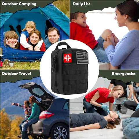 320 Piece Survival Kit First Aid Kit Gear For Camping Hiking Car Home Office With Tactical Molle Pouch centered in outdoor and daily use scenes