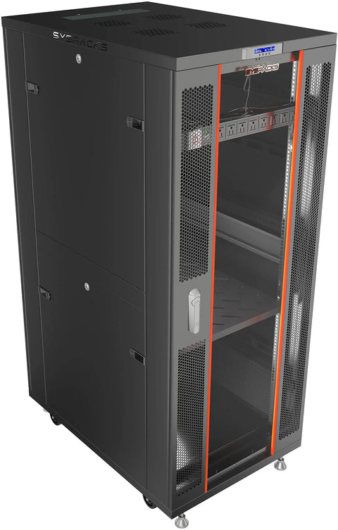 Heavy Duty 42U Black Server Rack Cabinet With Slick Rolling Wheels And Built In Cooling Fans Plus Smart Power Panel, detailed front view.