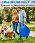 Family walking with dog and carrying Dog Agility Course Backyard Set For Training And Totally Fun, Easy Setup Obstacle Kit, blue bag