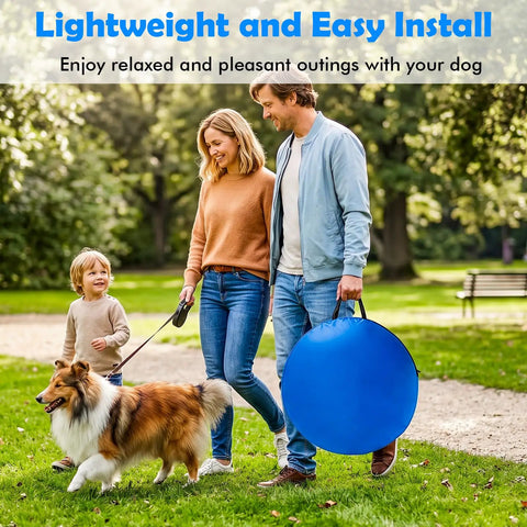 Family walking with dog and carrying Dog Agility Course Backyard Set For Training And Totally Fun, Easy Setup Obstacle Kit, blue bag