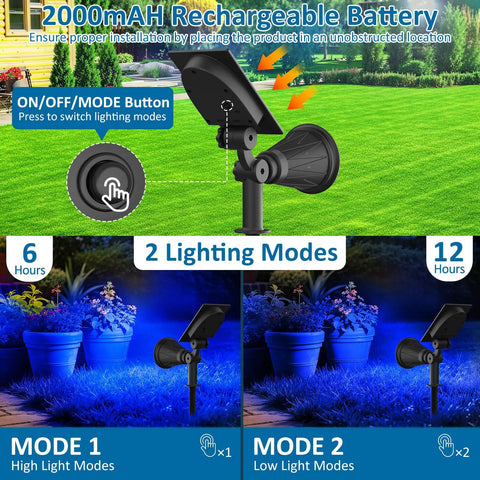 Blue Solar Spotlight Kit Two Pack Outdoor Landscape Lighting IP65 Waterproof 200LM Adjustable display of lighting modes