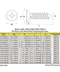 Chart of 370 Piece Metric 304 Stainless Steel Phillips Flat Head Self Tapping Screws Assortment Kit with dimensions and quantities