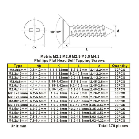 Chart of 370 Piece Metric 304 Stainless Steel Phillips Flat Head Self Tapping Screws Assortment Kit with dimensions and quantities