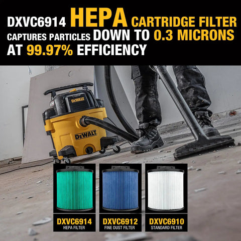 DXVC6914 HEPA Cartridge Filter For 6 To 16 Gallon Wet And Dry Shop Vac Replacement shown with vacuum in use